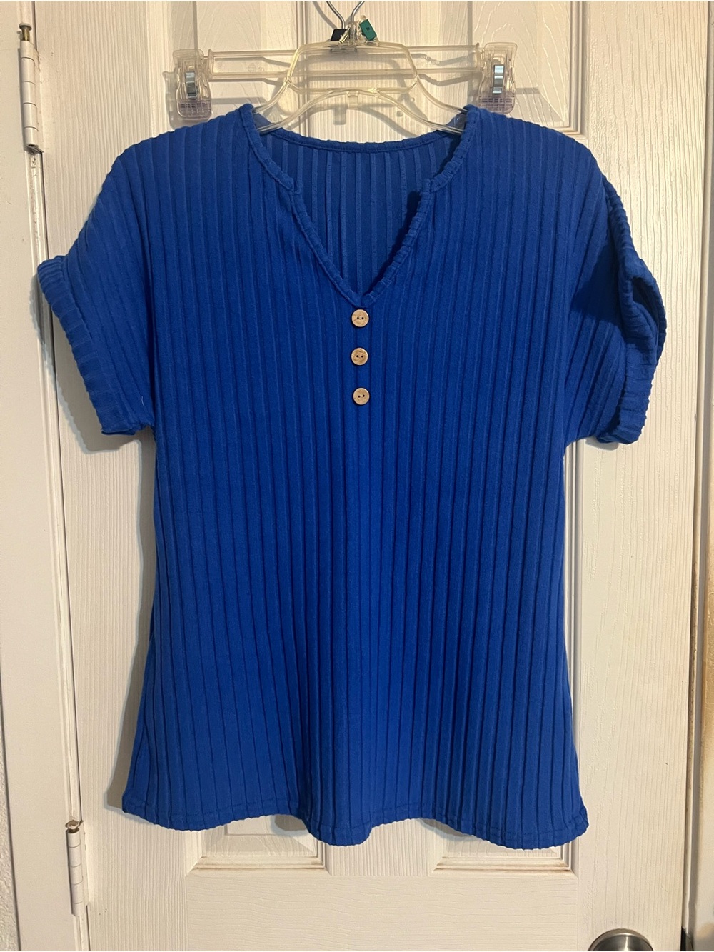 Blue Ribbed Short-Sleeve Henley Top